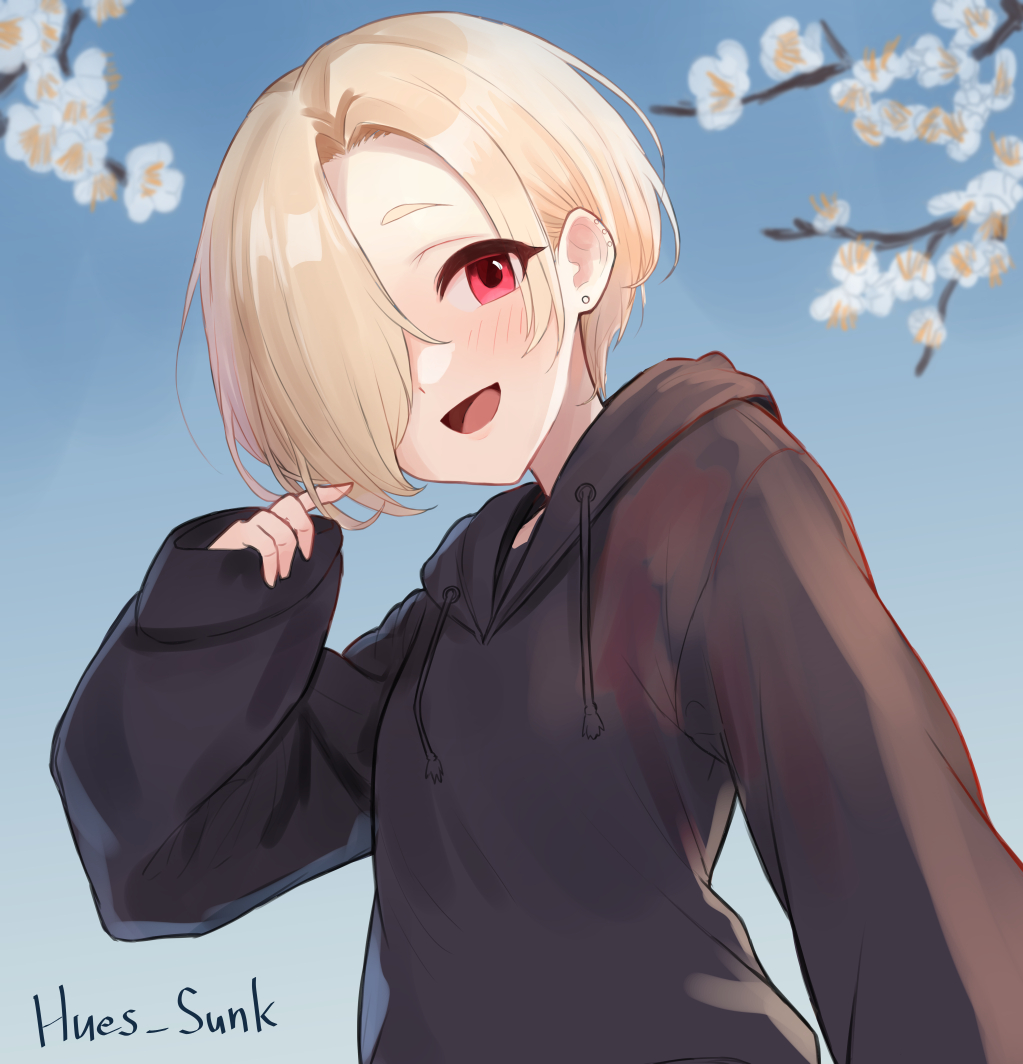 1girl black_hoodie blonde_hair blue_sky blush branch domdom ear_piercing earrings hair_over_one_eye hood hoodie idolmaster idolmaster_cinderella_girls jewelry looking_at_viewer open_mouth outdoors piercing red_eyes shirasaka_koume short_hair sky smile solo stud_earrings upper_body