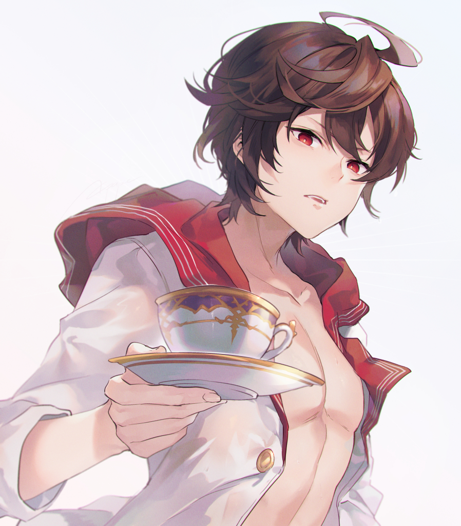 1boy ahoge bare_pectorals brown_hair buttons coffee_cup commentary_request cup disposable_cup endend_(shinia) granblue_fantasy hair_between_eyes holding holding_plate hood hood_down jacket looking_at_viewer male_focus messy_hair open_clothes open_jacket parted_lips pectorals plate red_eyes sandalphon_(granblue_fantasy) sandalphon_(summer)_(granblue_fantasy) short_hair simple_background solo_focus upper_body wet wet_clothes white_background