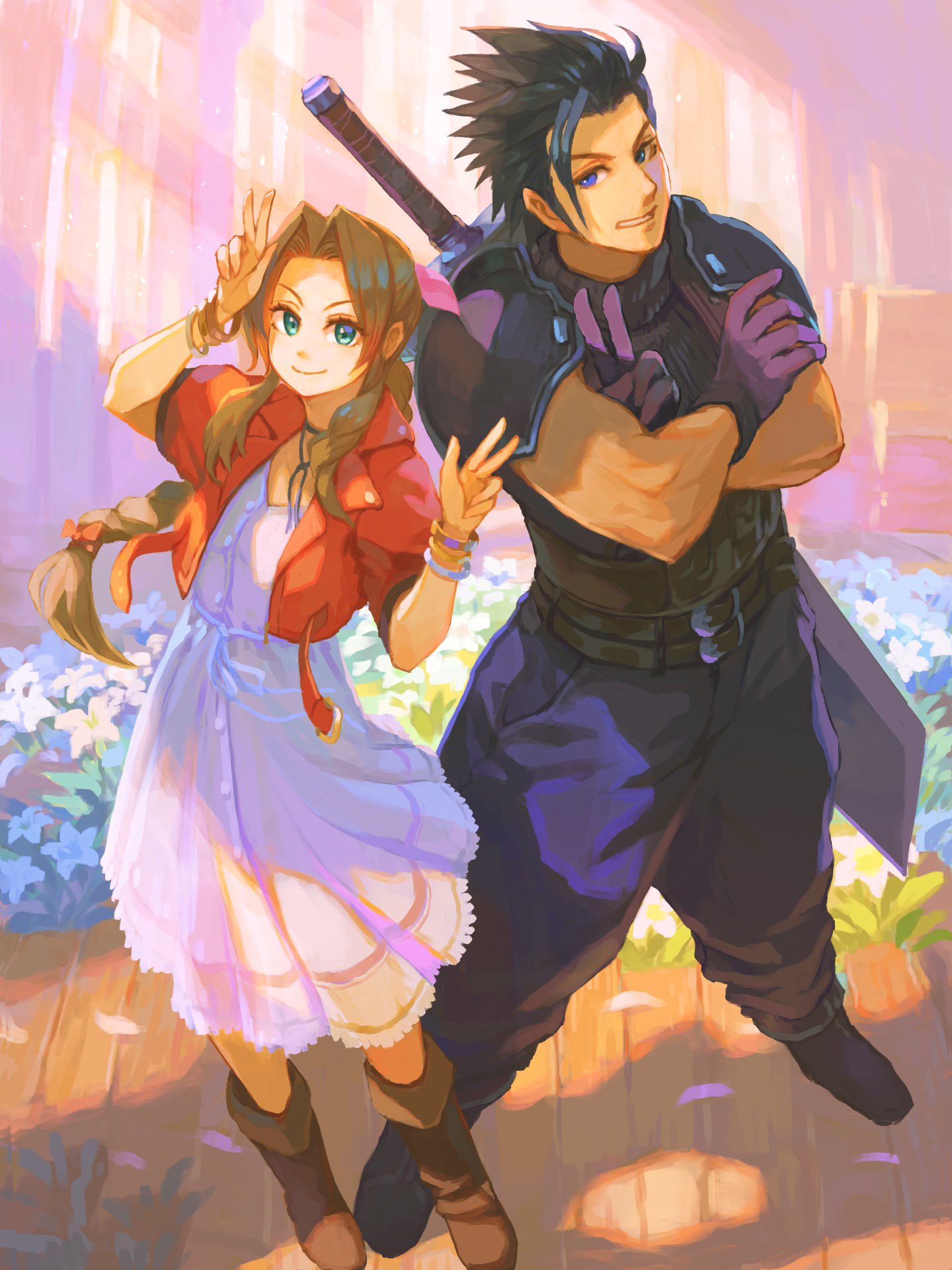 1boy 1girl aerith_gainsborough armor baggy_pants bangle black_gloves black_hair blue_eyes boots bracelet braid braided_ponytail brown_footwear brown_hair buster_sword church closed_mouth commentary_request crossed_arms dress final_fantasy final_fantasy_vii final_fantasy_vii_rebirth final_fantasy_vii_remake flower full_body gloves green_eyes hands_up heart_ribbon highres indoors jacket jewelry long_hair looking_at_viewer naritate_zombie open_clothes open_jacket pants parted_lips pink_dress pink_ribbon red_jacket ribbon shoulder_armor sleeveless sleeveless_turtleneck smile spiked_hair standing sweater sword sword_on_back turtleneck turtleneck_sweater v weapon weapon_on_back zack_fair