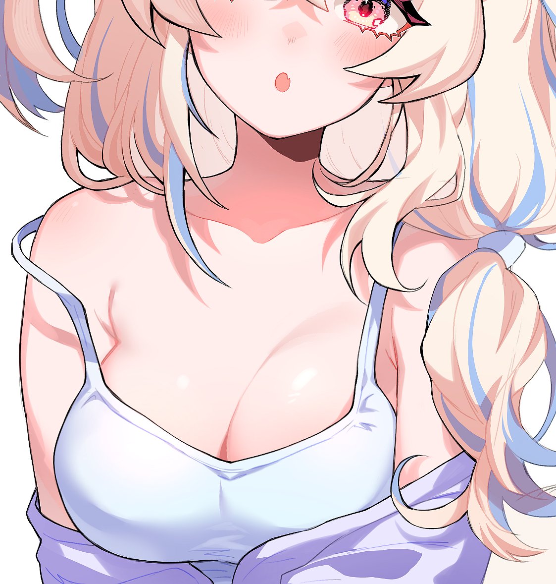 1girl blonde_hair blue_hair blush breasts cleavage close-up collarbone english_commentary eyelashes fang fuwawa_abyssgard hololive hololive_english long_hair multicolored_hair off_shoulder open_mouth pink_eyes savi_(byakushimc) skin_fang solo streaked_hair tank_top virtual_youtuber white_tank_top