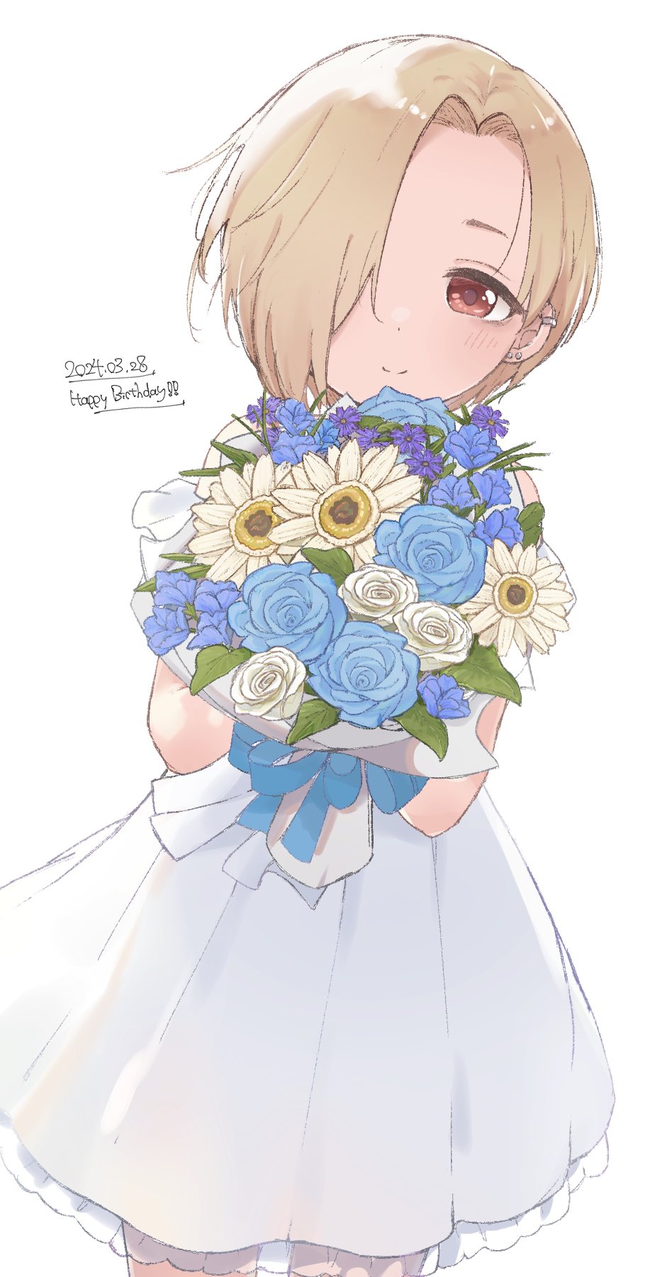 1girl blonde_hair blue_flower blue_rose blush bouquet dated dress ear_piercing flower fut4m1 hair_over_one_eye happy_birthday highres holding holding_bouquet idolmaster looking_at_viewer piercing red_eyes rose shirasaka_koume short_hair simple_background smile solo white_background white_dress white_flower white_rose