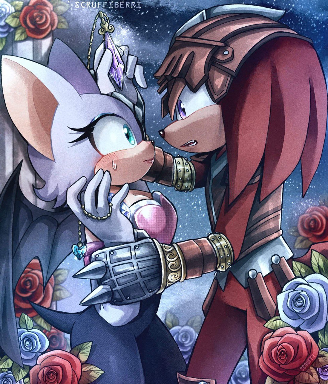 1boy 1girl alternate_costume animal_ears animal_nose armor artist_name bat_ears bat_girl bat_tail bat_wings blue_eyes blue_flower blue_rose blush bodysuit breasts cleavage flower furry furry_female furry_male gauntlets gem helmet highres holding_another's_wrist jewelry knight knuckles_the_echidna long_eyelashes looking_at_another necklace night night_sky pendant purple_eyes red_flower red_fur red_rose rose rouge_the_bat scruffyart sky sonic_(series) spiked_gauntlets star_(sky) starry_sky sweatdrop tail white_flower wings