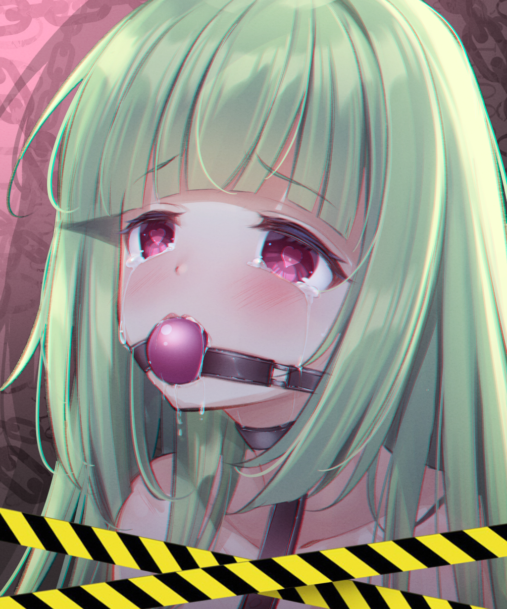 1girl ball_gag bdsm black_choker blunt_bangs blunt_ends blush cariboy chinese_commentary choker close-up collarbone colored_eyelashes commentary_request crying crying_with_eyes_open drooling drop_shadow furrowed_brow gag gagged green_hair heart heart-shaped_pupils highres hood hood_down looking_afar mouth_drool multicolored_hair murasame_(senren) red_eyes senren_banka sidelocks simple_background solo straight_hair streaked_hair streaming_tears symbol-shaped_pupils tears