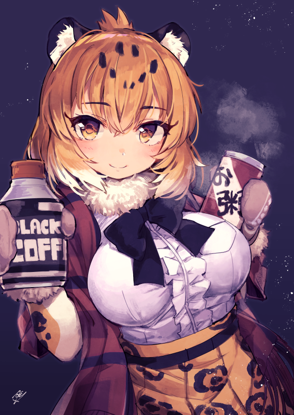 1girl animal_ear_fluff animal_ears animal_print belt black_belt black_hair blonde_hair bottle breasts can center_frills closed_mouth drink_can elbow_gloves fleur_de_lapin_uniform frills fur_collar fur_trim gloves hair_between_eyes hands_up hatagaya high-waist_skirt holding holding_bottle holding_can impossible_clothes impossible_shirt jaguar_(kemono_friends) jaguar_ears jaguar_print kemono_friends large_breasts light_blush looking_at_viewer medium_hair mittens multicolored_hair plastic_bottle print_gloves print_skirt scarf shirt shirt_tucked_in skirt smile solo upper_body white_hair white_shirt winter_clothes yellow_eyes