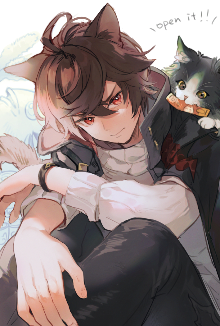 1boy 1other :3 ahoge animal_ears animal_on_shoulder black_pants bracelet brown_hair cat cat_ears cat_on_shoulder cat_tail commentary commentary_request cropped_legs endend_(shinia) english_text ewiyar_(granblue_fantasy) food_in_mouth frown furrowed_brow granblue_fantasy hair_between_eyes hand_on_own_leg jacket jacket_on_shoulders jewelry kemonomimi_mode knees_up looking_at_viewer messy_hair mixed-language_commentary pants sandalphon_(granblue_fantasy) sandalphon_(valentine)_(granblue_fantasy) short_hair sitting sweater sweater_vest tail turtleneck turtleneck_sweater white_sweater_vest