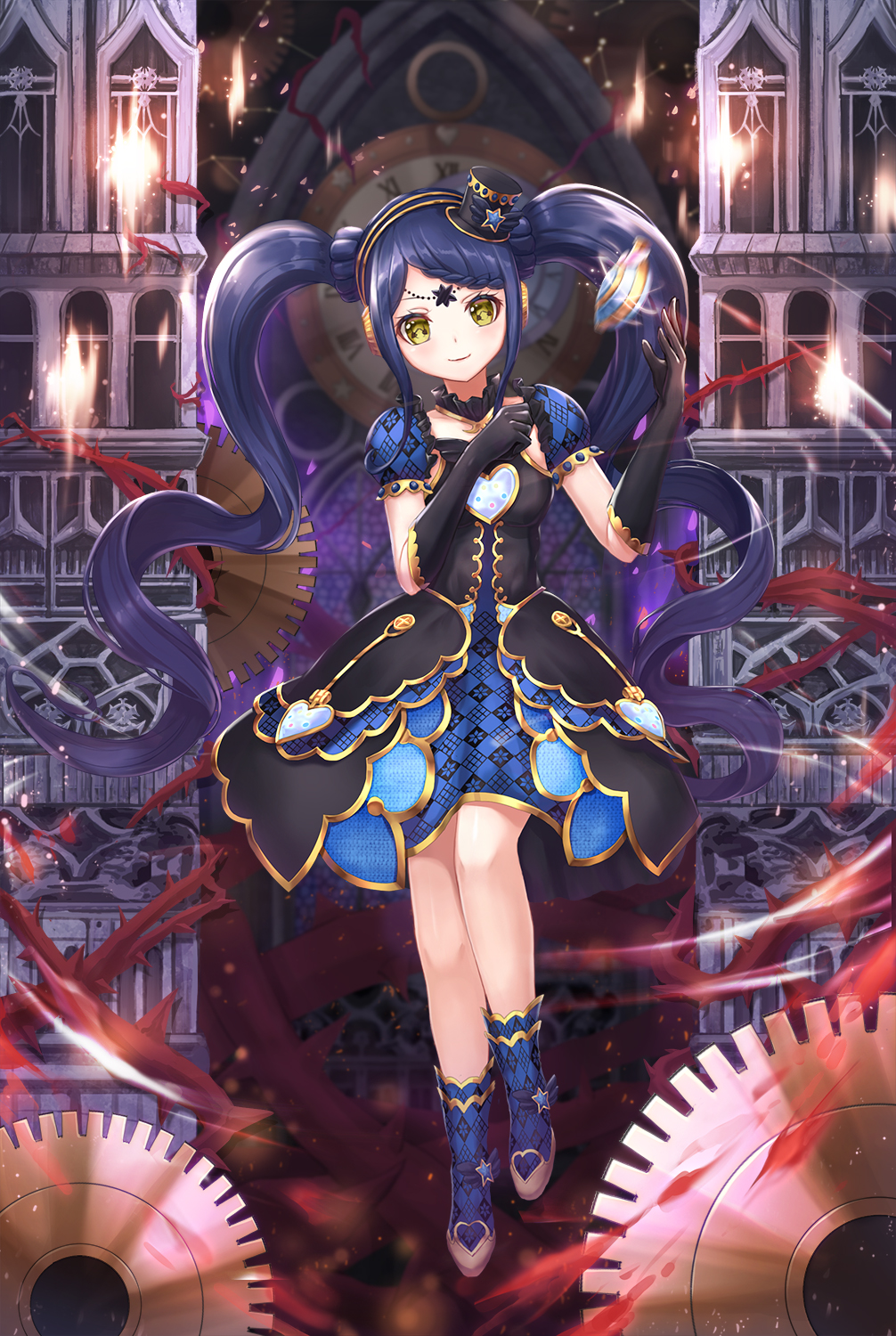 1girl bad_id bad_pixiv_id black_dress black_gloves blue_footwear blue_hair boots braid braided_bangs breasts castle clock clock_tower closed_mouth dress floating floating_object full_body garara_s_leep gears gloves hands_up hat head_chain headphones highres idol_clothes idol_time_pripara long_hair looking_at_viewer lunacle mini_hat plant pretty_series print_dress pripara puffy_short_sleeves puffy_sleeves short_sleeves small_breasts smile solo standing tower twintails very_long_hair vines yellow_eyes