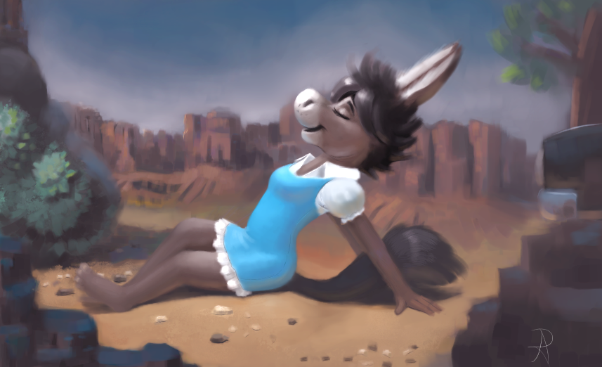 anthro asinus barefoot bearnot black_hair breasts brush desert donkey equid equine eyes_closed feet female hair long_ears mammal mountain open_mouth open_smile plant relaxed_expression sitting smile solo toes tree valentina_(bearnot)