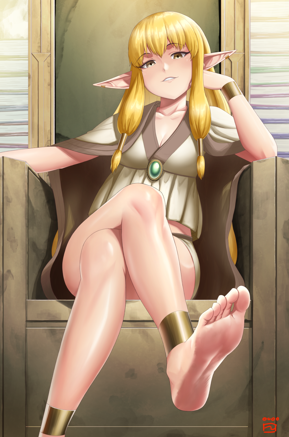 1girl anklet artist_logo barefoot blonde_hair breasts brown_eyes cape cleavage collarbone crossed_legs elf feet finalcake foot_out_of_frame gold_anklet hair_tubes highres jewelry legs long_hair looking_at_viewer medium_breasts on_chair parted_lips pointy_ears serie_(sousou_no_frieren) short_shorts shorts sidelocks sitting soles solo sousou_no_frieren throne toes