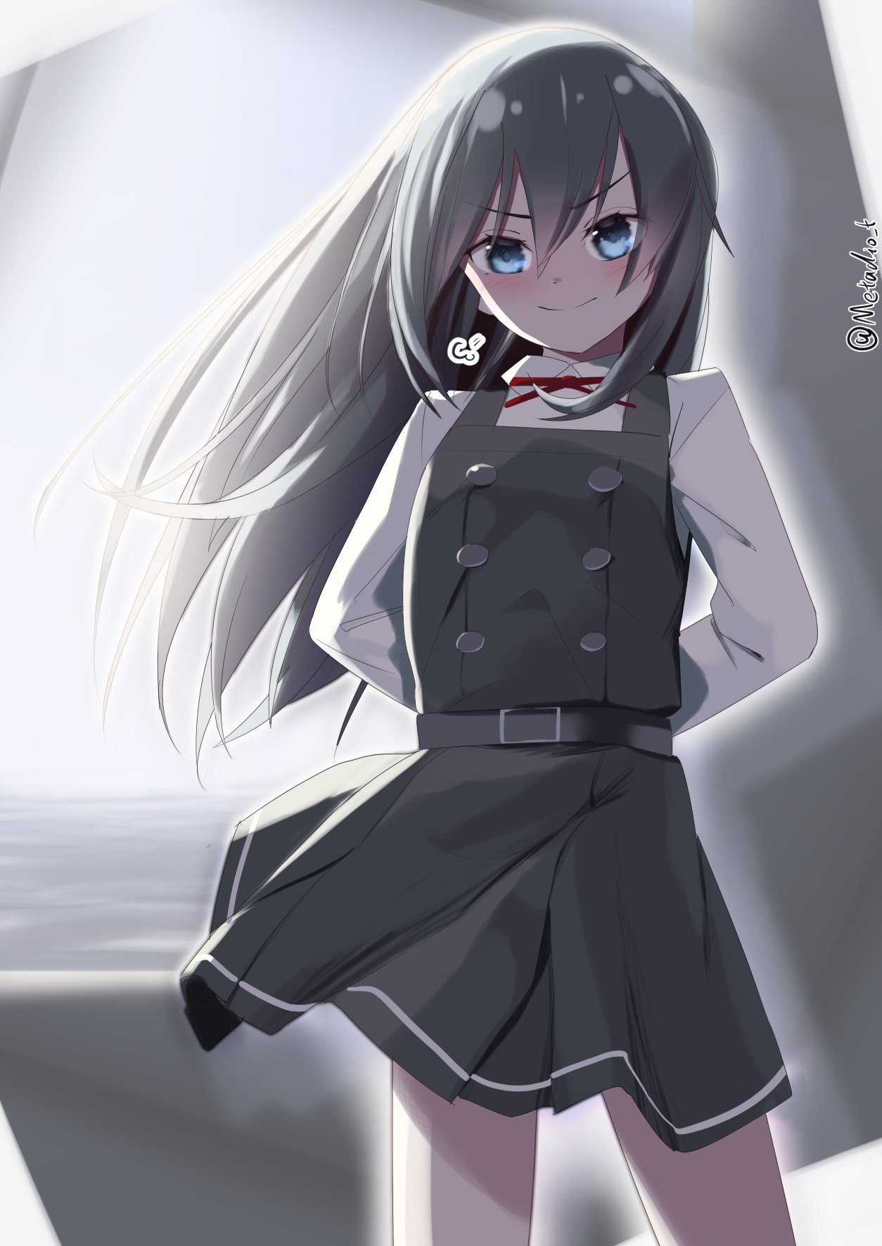 1girl asashio_(kancolle) asashio_kai_ni_(kancolle) belt black_dress black_hair blue_eyes blush dress highres kantai_collection light long_hair long_sleeves looking_at_viewer metadio neck_ribbon no_legwear ocean pinafore_dress pleated_dress red_ribbon ribbon school_uniform shirt sleeveless sleeveless_dress smile solo twitter_username water white_shirt