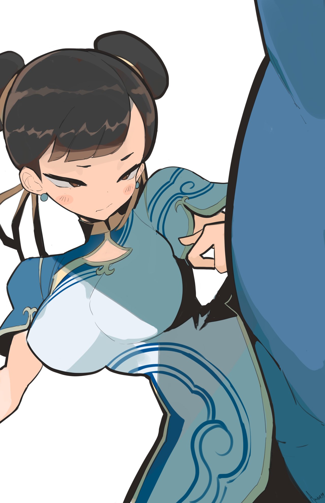 1girl akisas99 black_hair blue_dress blue_leggings blush breasts china_dress chinese_clothes chun-li cleavage cleavage_cutout clothing_cutout collared_dress double_bun dress earrings gold_trim hair_bun hair_ribbon highres jewelry large_breasts leggings makeup narrowed_eyes official_alternate_costume official_alternate_hairstyle orange_eyes pelvic_curtain print_dress ribbon short_sleeves simple_background skin_tight solo stirrup_legwear street_fighter street_fighter_6 thick_thighs thighs toeless_legwear two-tone_dress white_background white_dress