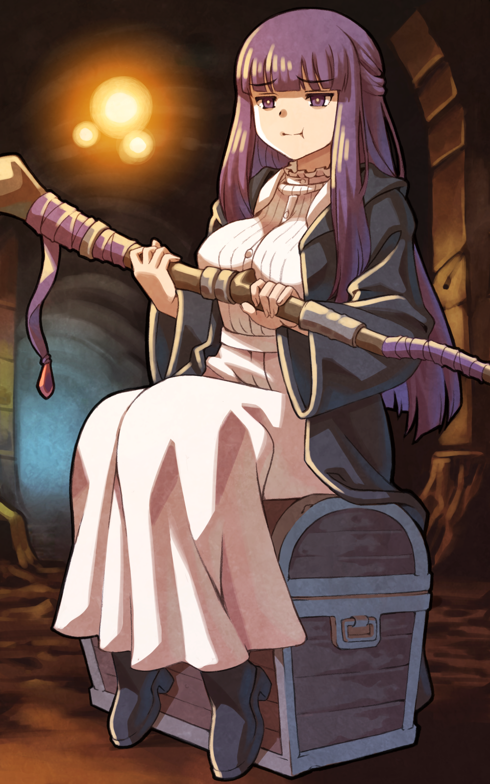 1girl black_footwear black_robe blunt_bangs blunt_ends boots breasts cave cave_interior collar commentary_request dress fern_(sousou_no_frieren) frilled_collar frills full_body hands_up highres holding holding_wand indoors long_hair long_sleeves pout purple_eyes purple_hair purple_ribbon ribbon robe sidelocks sitting solo sousou_no_frieren treasure_chest wand white_dress yuka_ne_(denim)