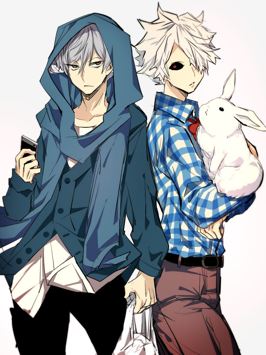 2boys bag black_sclera blue_scarf brown_eyes closed_mouth collarbone collared_shirt colored_sclera commentary_request constricted_pupils facing_viewer flannel grey_hair hair_over_one_eye highres holding holding_phone hood hood_up juuni_taisen looking_at_another male_focus multiple_boys nakuru_796 partially_unbuttoned phone rabbit red_eyes scarf shirt shopping_bag short_hair spiked_hair standing sumino_tsugiyoshi upper_body usagi_(juuni_taisen) white_background white_rabbit_(animal)