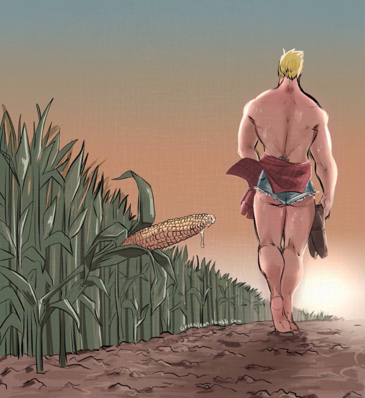 1boy ass bara barefoot blonde_hair check_copyright clothes_around_waist copyright_request corn corn_field country_girls_make_do_(meme) denim denim_shorts facing_away from_behind full_body gradient_sky implied_after_masturbation male_focus meme micro_shorts muscular muscular_male oricalcon original outdoors shirt shirt_around_waist short_hair shorts sky solo walking walking_away