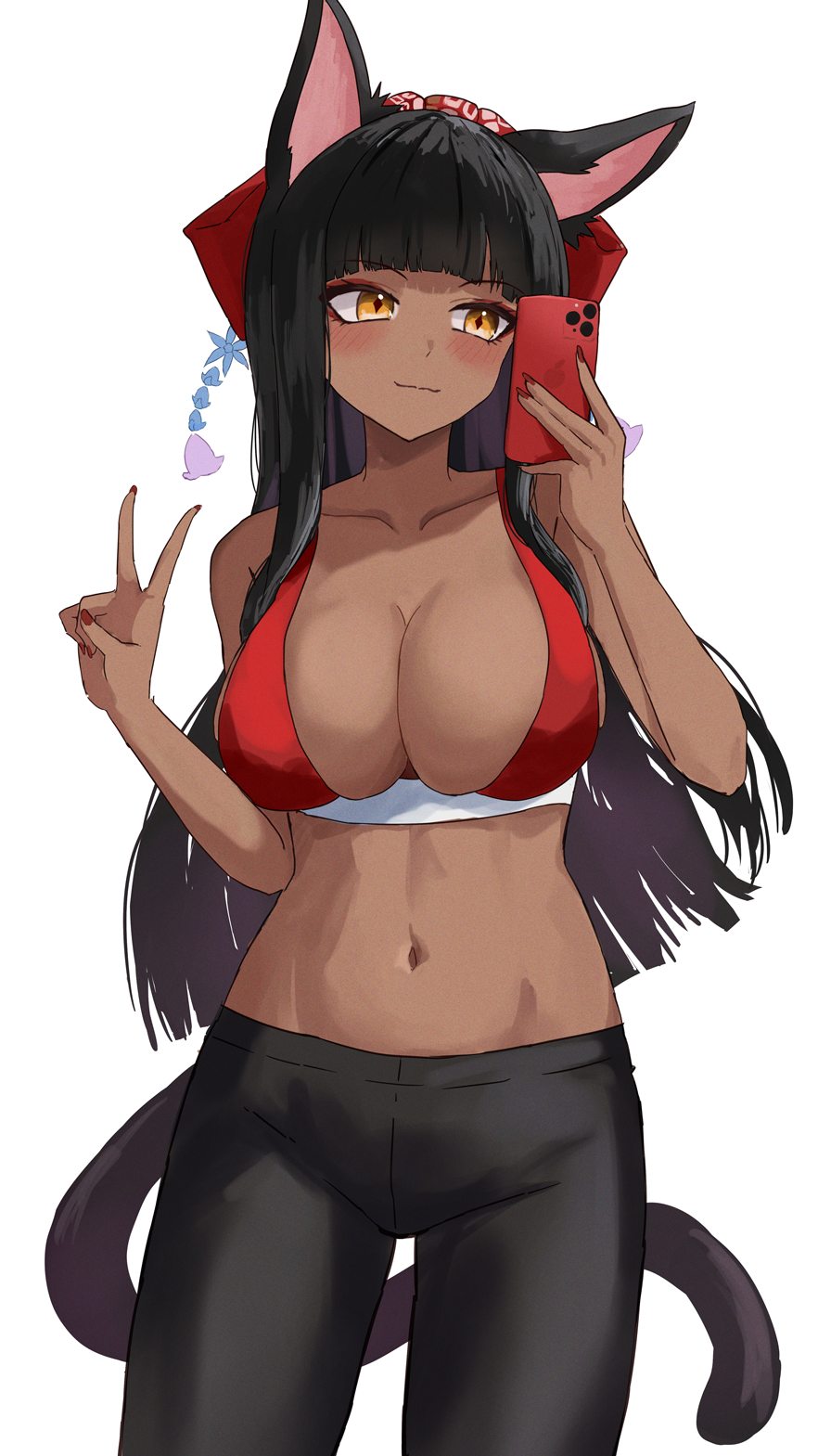 1girl animal_ears bare_arms bare_shoulders black_hair black_leggings black_tail blunt_bangs blush breasts cellphone cleavage clip_studio_paint_(medium) closed_mouth collarbone commentary_request commission cowboy_shot dark-skinned_female dark_skin final_fantasy final_fantasy_xiv fingernails groin hair_ornament hands_up highres holding holding_phone large_breasts leggings long_hair looking_at_object looking_at_phone making-of_available midriff miqo'te nail_polish navel orange_eyes phone red_nails ryoha_kosako simple_background skeb_commission sleeveless smartphone smile solo standing tail taking_picture v video_thumbnail warrior_of_light_(ff14) white_background