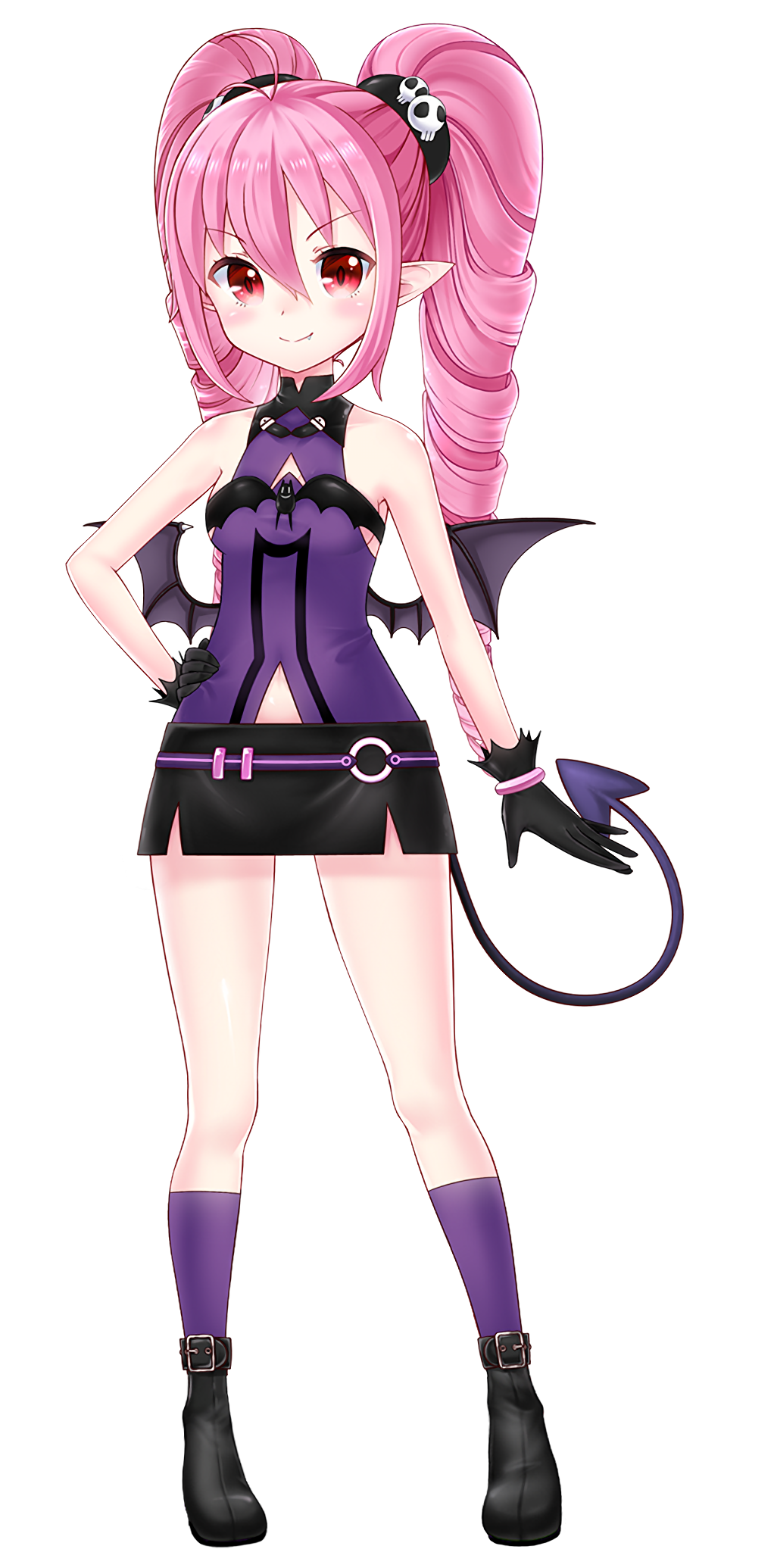 &gt;:) ankle_belt antenna_hair bare_arms bare_shoulders bat_brooch belt belt_buckle black_belt black_footwear black_gloves black_skirt breasts buckle cleavage_cutout closed_mouth clothing_cutout cubi_(master_of_eternity) cutout_below_navel demon_girl demon_tail demon_wings dot_nose dress drill_hair fang full_body gloves hair_between_eyes hand_on_own_hip highres kneehighs long_hair looking_at_viewer master_of_eternity miniskirt official_art petite pink_hair pointy_ears purple_dress purple_socks purple_tail purple_wings red_eyes shoes side_slit sideboob sidelocks skirt skull slit_pupils small_breasts smile socks tachi-e tail third-party_source transparent_background twin_drills v-shaped_eyebrows wings