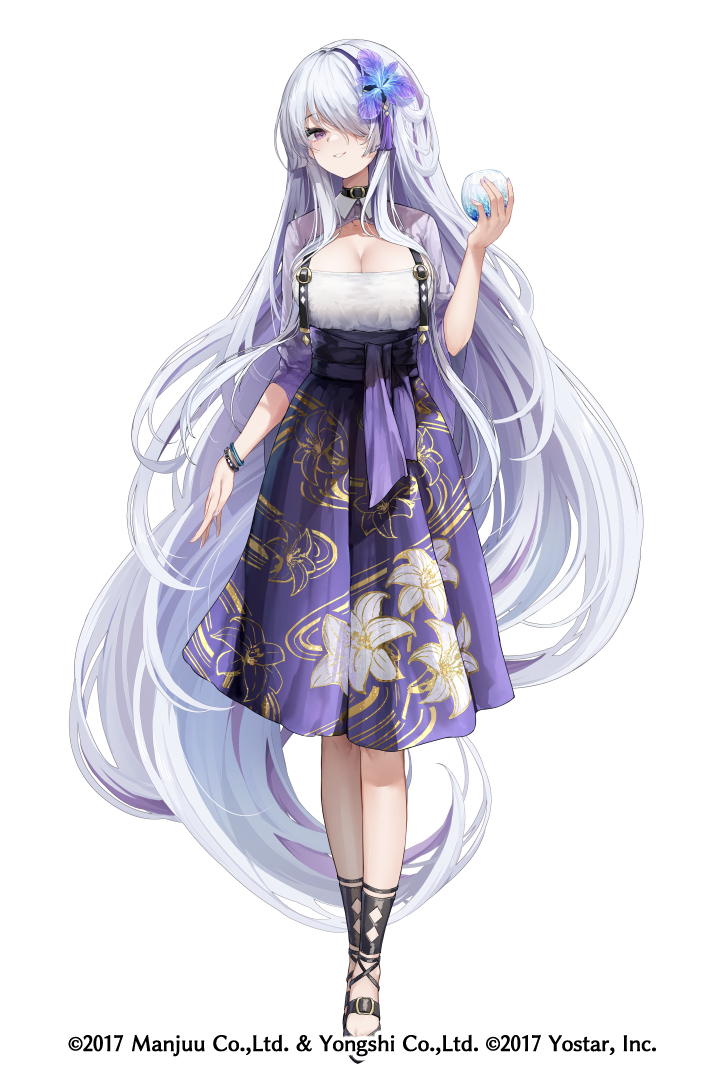 1girl azur_lane black_footwear black_hairband breasts cleavage cleavage_cutout clothing_cutout commentary_request floral_print full_body hair_over_one_eye hairband hand_up high-waist_skirt holding large_breasts long_hair looking_at_viewer official_art osisio pleated_skirt print_skirt purple_eyes purple_skirt shirt short_sleeves simple_background skirt smile solo standing unzen_(azur_lane) very_long_hair white_background white_hair white_shirt