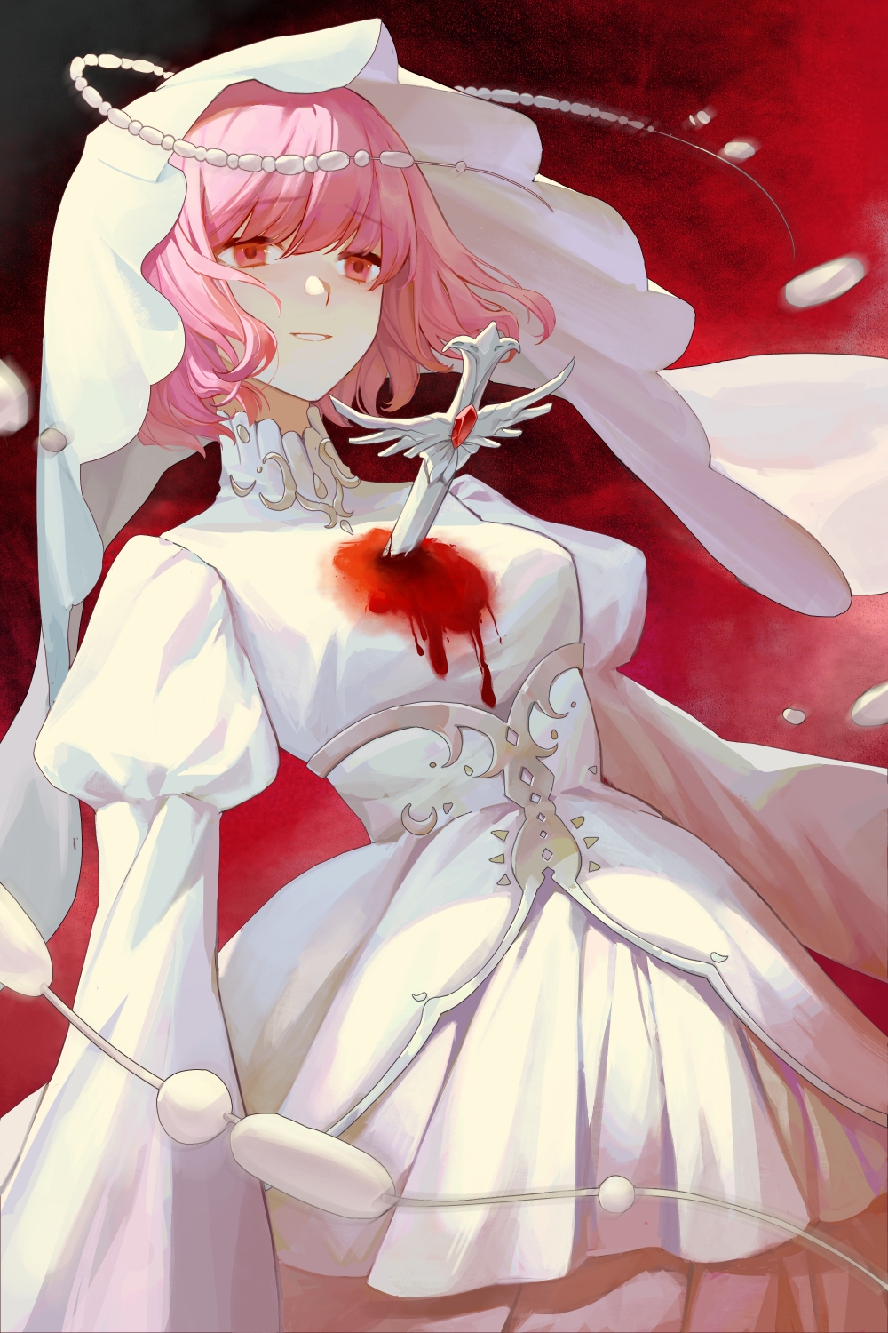 1girl beads blood blood_on_clothes breasts dagger dress gem highres impaled juliet_sleeves knife long_sleeves looking_at_viewer original parted_lips pink_eyes pink_hair puffy_sleeves red_background red_eyes red_gemstone sannanani short_hair smile solo veil weapon white_dress white_veil