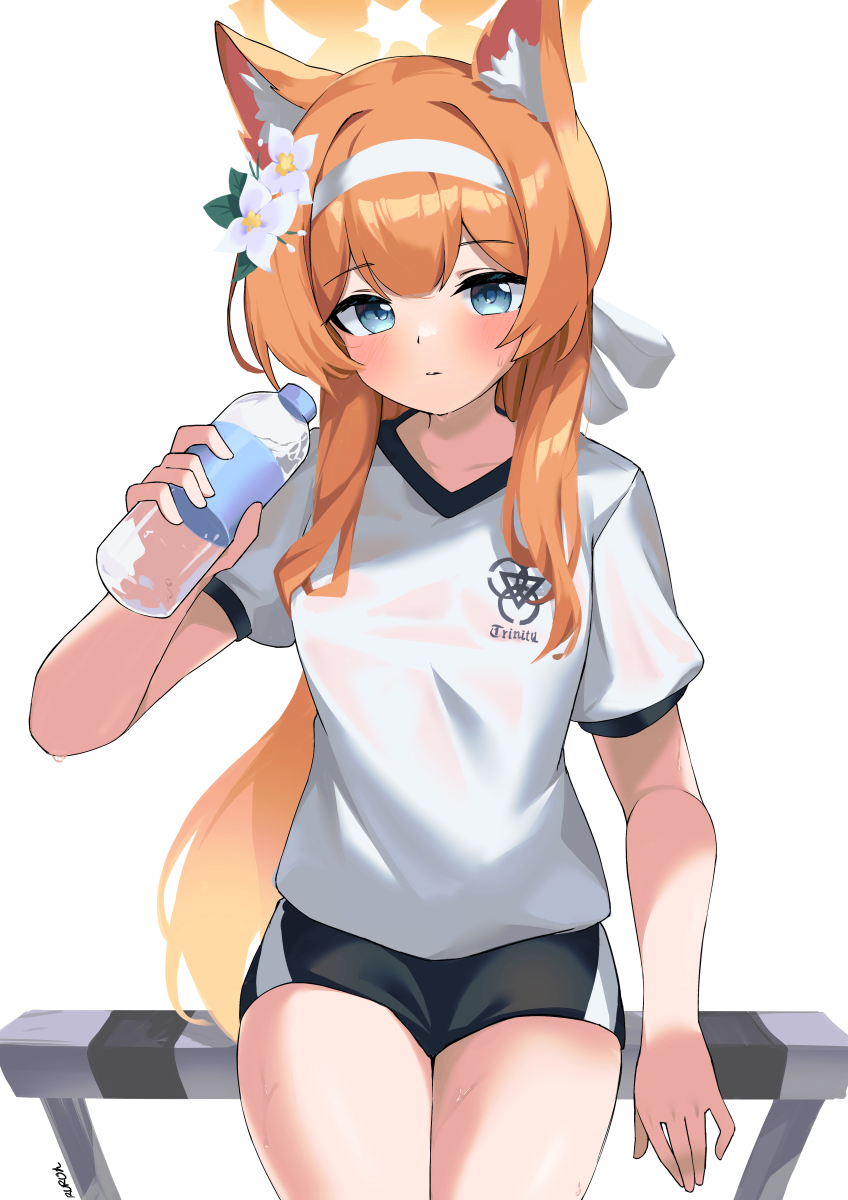 1girl animal_ear_fluff animal_ears bcag. black_shorts blue_archive blue_eyes blush bottle cat_ears closed_mouth cowboy_shot flower hair_flower hair_ornament halo headband highres holding holding_bottle long_hair looking_at_viewer mari_(blue_archive) mari_(track)_(blue_archive) orange_hair shirt short_sleeves shorts simple_background solo water_bottle white_background white_flower white_headband white_shirt yellow_halo