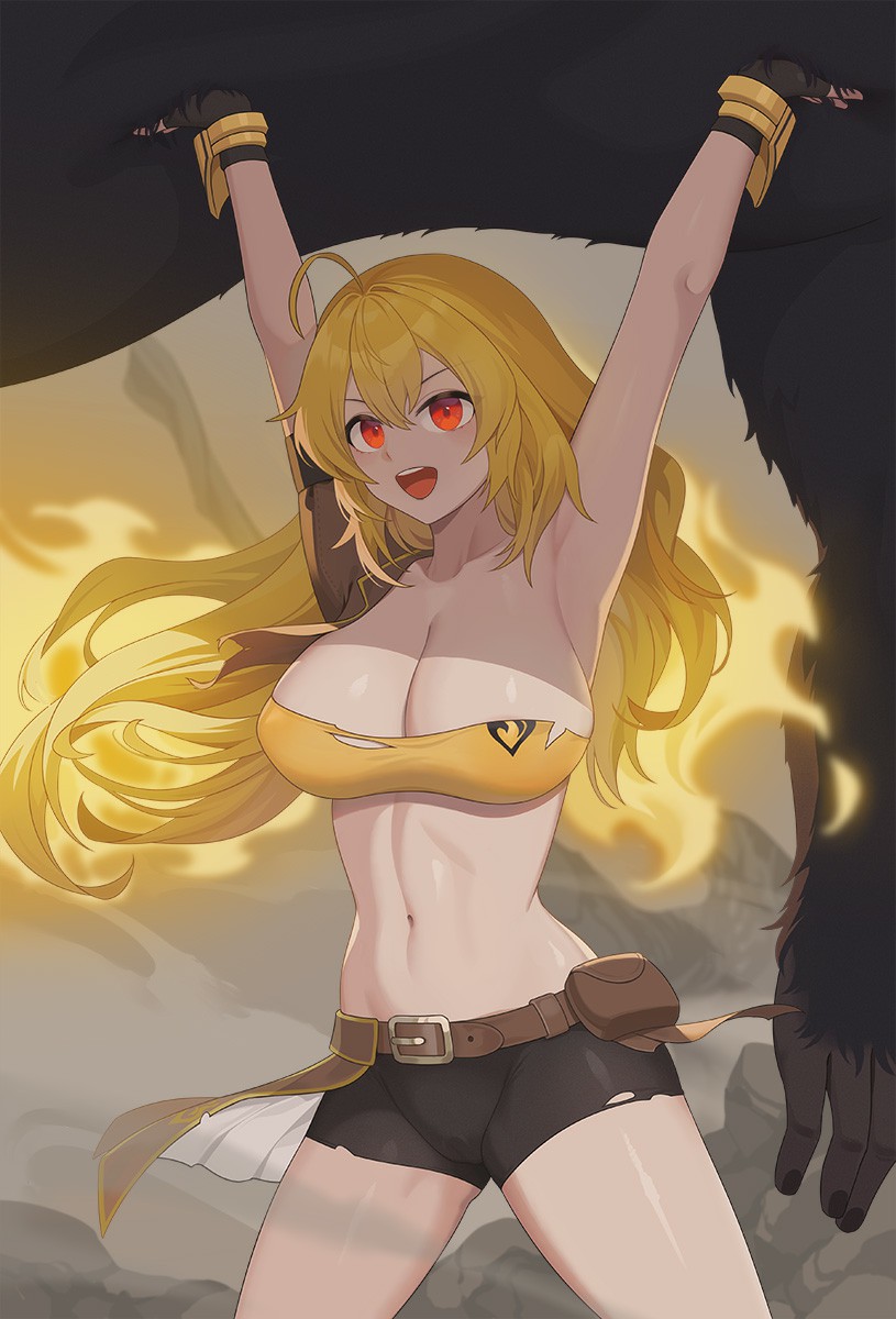 1girl ahoge armpits arms_up belt black_shorts blonde_hair breasts brown_belt cleavage commentary highres holding large_breasts long_hair looking_at_viewer midriff monster navel open_mouth red_eyes revision rwby shorts solo stomach teeth torn_clothes torn_shorts upper_teeth_only wangxiii yang_xiao_long