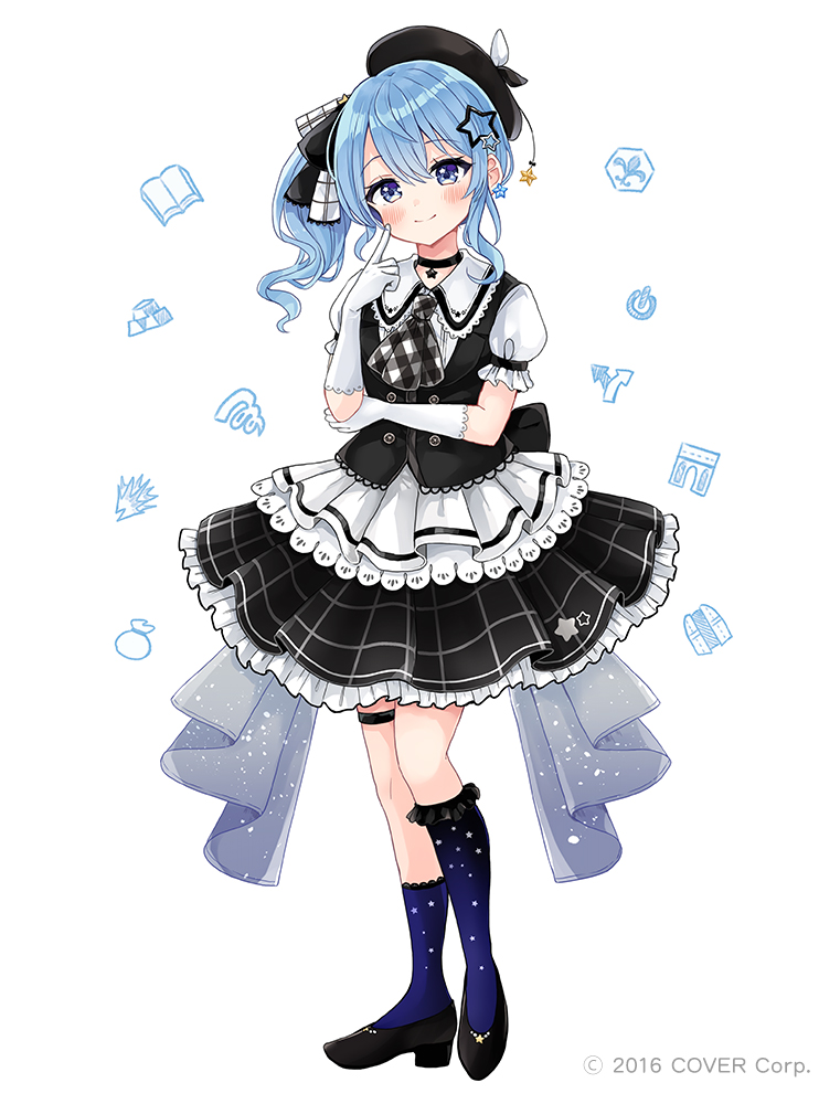 1girl beret black_footwear full_body gloves hair_ornament hat high_heels hololive hoshimachi_suisei lace-trimmed_gloves lace_trim plaid_headwear sakura_oriko side_ponytail simple_background smile solo standing star_(symbol) star_hair_ornament virtual_youtuber white_background white_gloves