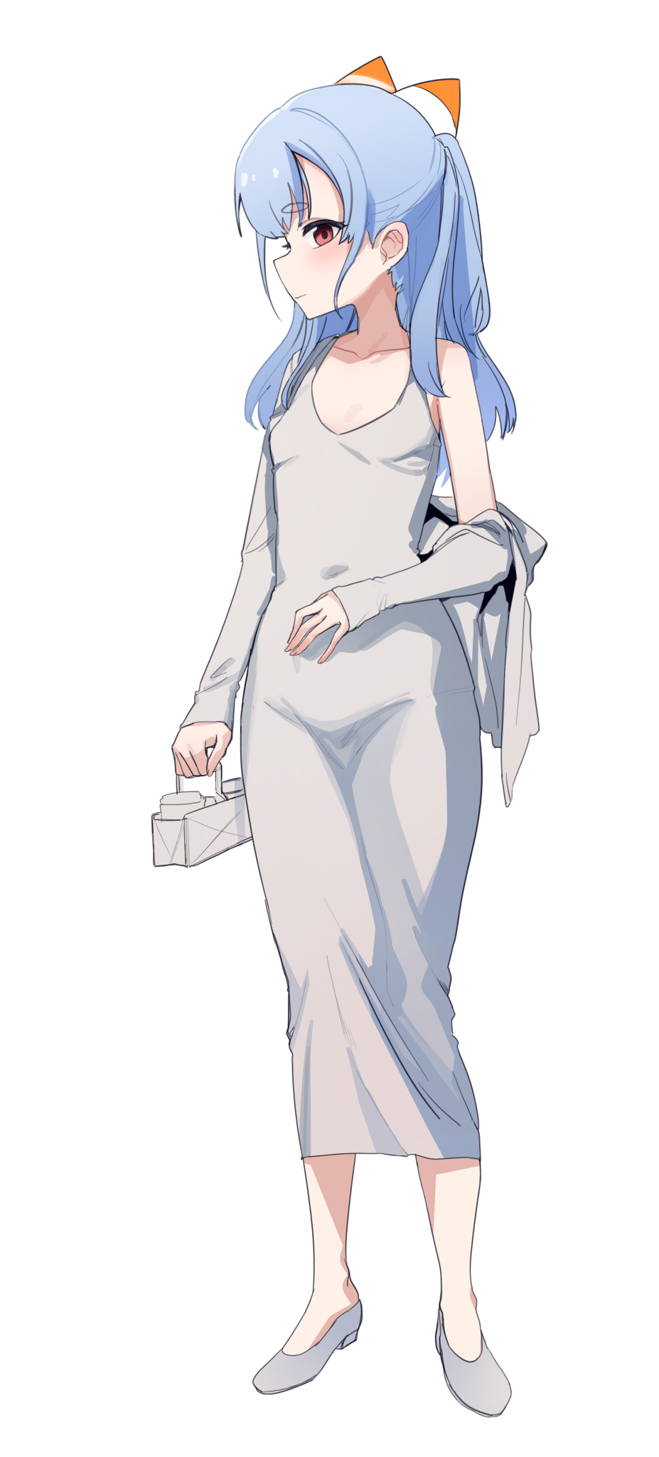 1girl aningay artist_self-insert bare_shoulders blue_hair blush breasts character_request closed_mouth collarbone commentary_request cropped_jacket dongtan_dress dress full_body grey_dress grey_footwear grey_jacket highres holding indie_virtual_youtuber jacket korean_commentary long_hair long_sleeves meme_attire off_shoulder open_clothes open_jacket red_eyes shoes short_eyebrows simple_background sleeves_past_wrists small_breasts solo thick_eyebrows virtual_youtuber white_background