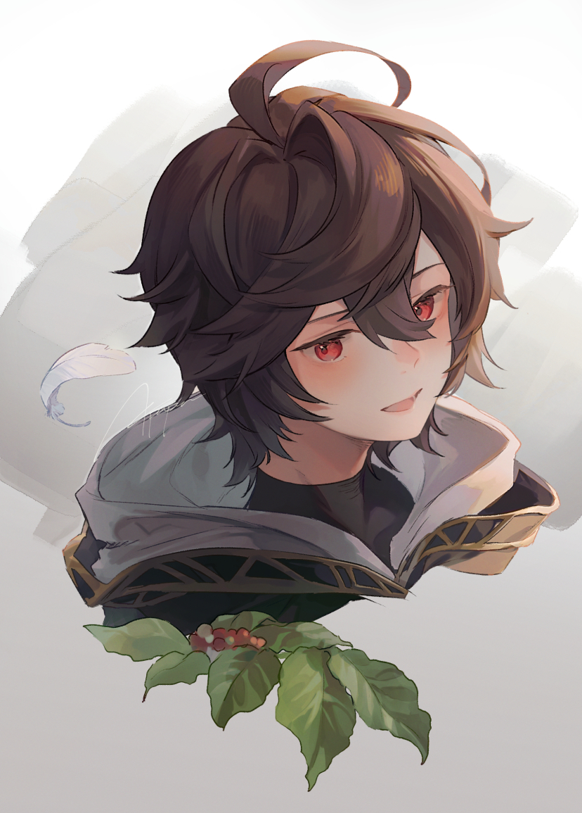 1boy :d ahoge brown_hair commentary_request endend_(shinia) english_commentary feathers granblue_fantasy grey_background hair_between_eyes holly hood hood_down leaf male_focus messy_hair mixed-language_commentary portrait red_eyes sandalphon_(granblue_fantasy) short_hair signature smile solo_focus turtleneck white_feathers