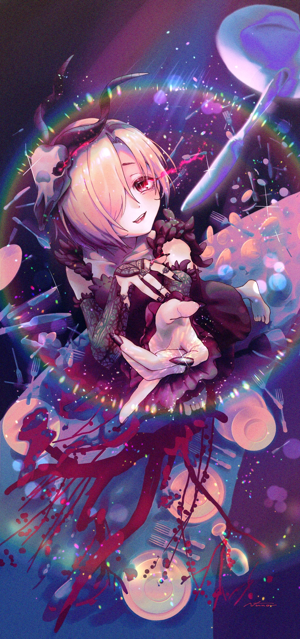 1girl animal_skull barefoot black_dress black_nails blonde_hair cup dress drinking_glass fingernails flaming_eye floating floating_object fork hair_over_one_eye highres idolmaster idolmaster_cinderella_girls knife long_fingernails on_table parted_lips plate reaching reaching_towards_viewer red_eyes shirasaka_koume short_hair smile solo table wine_glass yukinuno