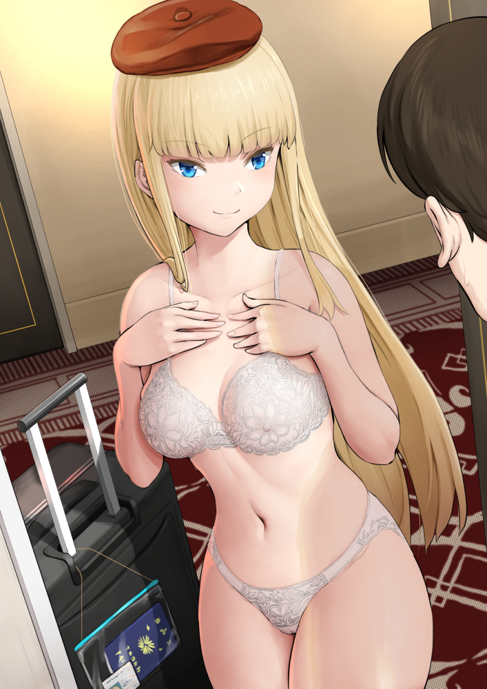 1boy 1girl bare_arms bare_shoulders blonde_hair blue_eyes blunt_bangs blush bra breasts brown_hair carpet cleavage closed_mouth collarbone commission covered_navel cowboy_shot hallway hands_on_own_chest hetero indoors kasu_(kasunohikari) lingerie long_hair looking_at_another medium_breasts navel original red_hat short_hair skeb_commission smile smug solo_focus stomach suitcase underwear very_long_hair white_bra