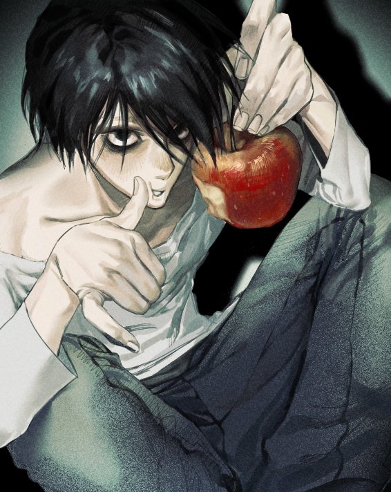 1boy apple bags_under_eyes black_hair black_pants death_note food fruit holding holding_food holding_fruit keda_(keda.doodle) l_(death_note) long_sleeves looking_at_viewer pale_skin pants shirt short_hair simple_background sitting very_short_hair white_shirt