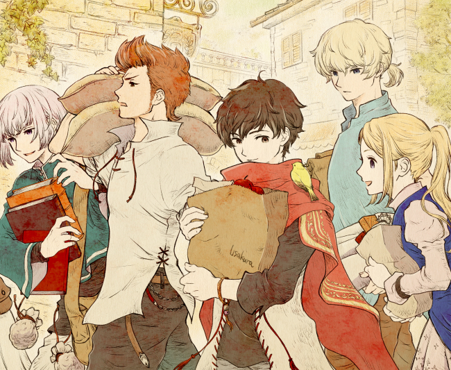 1girl 4boys animal_on_shoulder artist_name bag belt bird bird_on_shoulder blonde_hair blue_shirt book brown_hair building cape carrying cedric_(octopath_traveler) efrain_(octopath) grocery_bag holding holding_book long_hair long_sleeves multiple_boys octopath_traveler octopath_traveler:_champions_of_the_continent outdoors ponytail pouch puffy_long_sleeves puffy_sleeves red_cape red_hair scarecrow_(octopath) shirt shopping_bag sideburns sofia_(octopath_traveler) stead_(octopath) tunic usakura walking