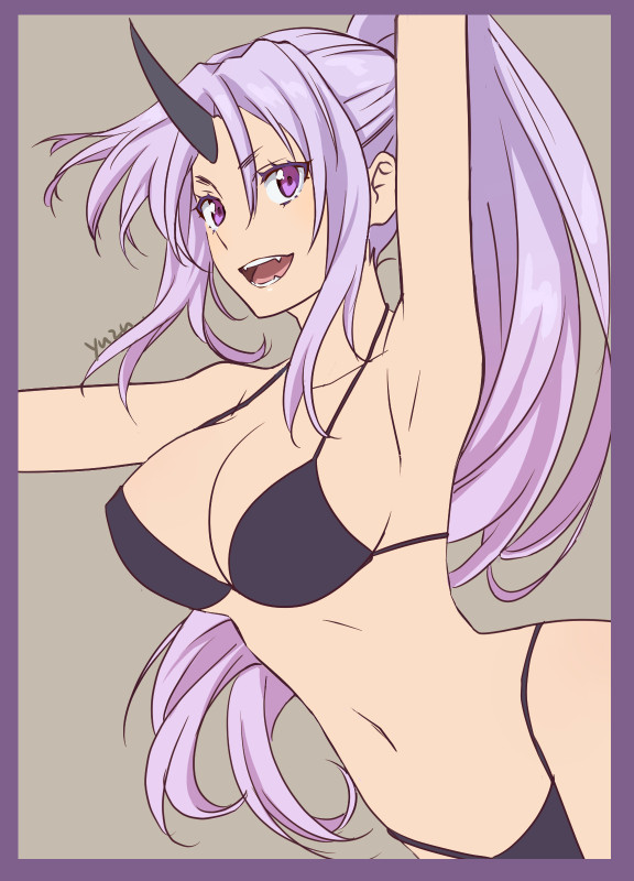 1girl bikini black_bikini breasts commentary_request horns large_breasts navel open_mouth purple_eyes purple_hair shion_(tensei_shitara_slime_datta_ken) single_horn solo swimsuit tensei_shitara_slime_datta_ken twintails upper_body yuzunoyu