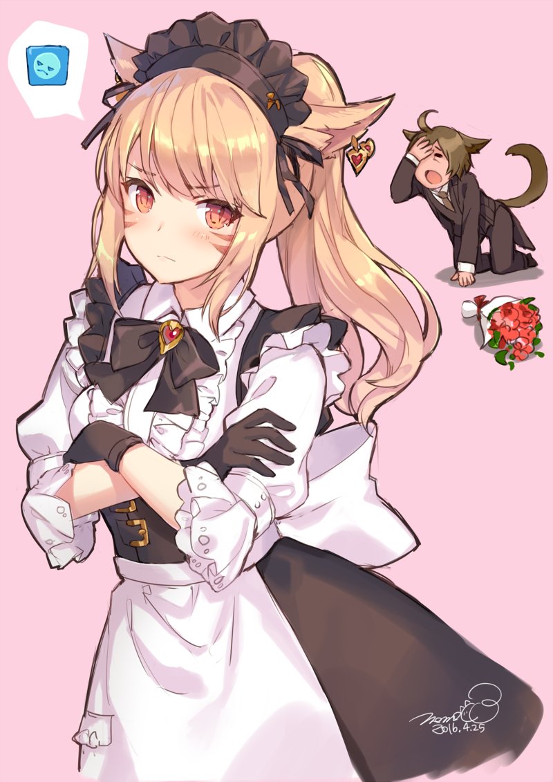 1boy 1girl :o ahoge animal_ears black_bow black_gloves blonde_hair blush bouquet bow brown_hair brown_tail closed_mouth collar dated facial_mark final_fantasy final_fantasy_xiv flower frilled_sleeves frills frown gloves hand_on_ground hand_on_own_arm hand_on_own_forehead heart kneeling long_hair maid_headdress miqo'te momoko_(momopoco) on_ground one_eye_covered original pink_background ponytail raised_eyebrows red_eyes red_flower red_rose rose shadow signature simple_background speech_bubble whisker_markings white_collar
