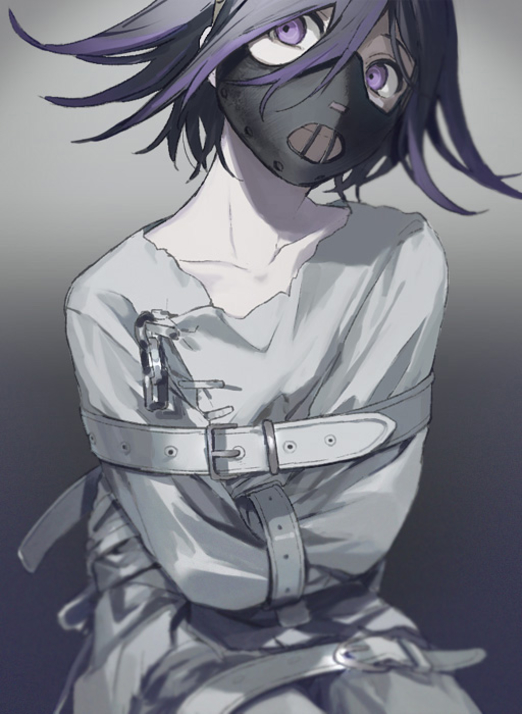 1boy belt belt_buckle black_mask bound bound_arms buckle closed_mouth collarbone cowboy_shot crossed_arms danganronpa_(series) danganronpa_v3:_killing_harmony expressionless gradient_background grey_background hair_between_eyes hou_(ppo) long_sleeves looking_at_viewer male_focus mask mouth_mask multiple_belts oma_kokichi pale_skin pants purple_eyes purple_hair shirt short_hair simple_background sitting solo straitjacket white_belt white_pants white_shirt white_sleeves