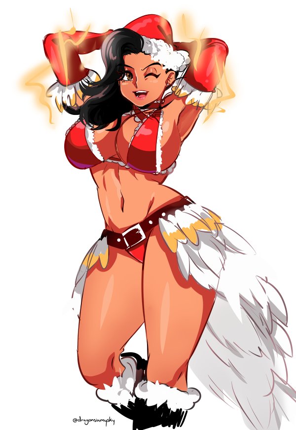 ;) alternate_costume armpits arms_up asymmetrical_hair belt bikini black_hair breasts choker christmas cleavage contrapposto d-ryuu dark_skin elbow_gloves electricity feathers gloves grey_eyes hat large_breasts laura_matsuda long_hair navel one_eye_closed red_bikini red_gloves santa_hat sideboob sketch smile solo standing street_fighter street_fighter_v swimsuit toned wavy_hair