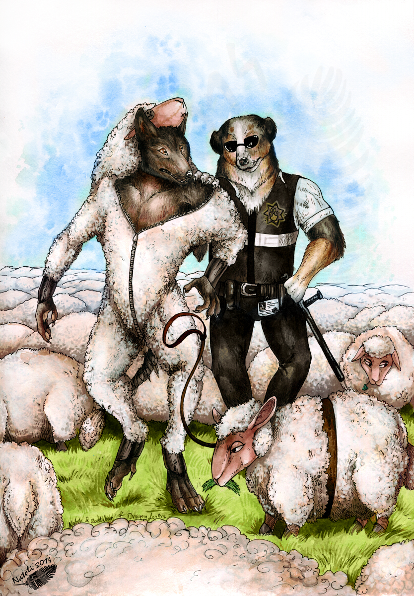 4_toes anthro barefoot black_nose brown_eyes brown_fur canine caprine clothed clothing digitigrade dog eyewear feral fur fursuit herd mammal natoli nude open_mouth sheep standing sunglasses teeth toes traditional_media_(artwork) wolf