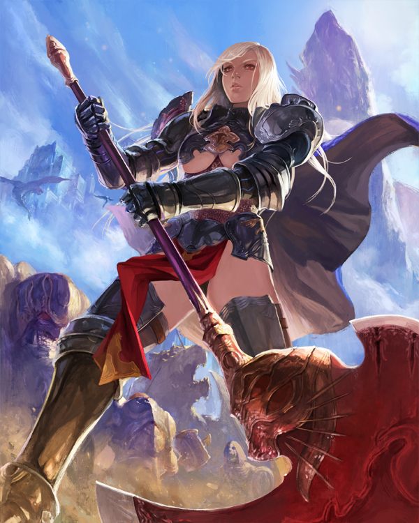 1girl axe blonde_hair blue_sky breasts cloud dragon flying gauntlets greaves hammer holding holding_axe holding_hammer holding_shield holding_weapon medium_hair monster mountain open_mouth original parted_lips red_eyes shield sky sun_flare take_no_ko_(dodon) teeth upper_body vambraces weapon