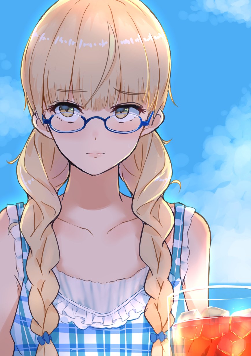 1girl alternate_hairstyle blonde_hair blue-framed_eyewear blue_bow blue_dress blue_sky bow braid casual closed_mouth cloud cloudy_sky commentary_request cup dress drinking_glass eyebrows_visible_through_hair frilled_dress frills hair_bow hair_over_shoulder highres ice light_smile lips perrine_h_clostermann plaid plaid_dress semi-rimless_eyewear sky sleeveless sleeveless_dress solo strike_witches twin_braids under-rim_eyewear world_witches_series yellow_eyes