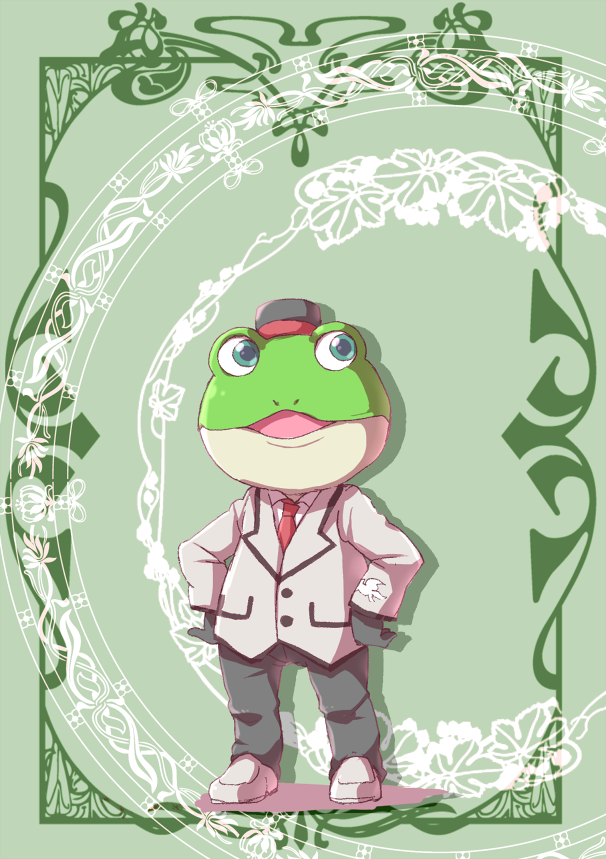 amphibian anthro blue_eyes clothing footwear frog gloves hat male necktie nintendo slippy_toad solo star_fox suit video_games きゃらられな