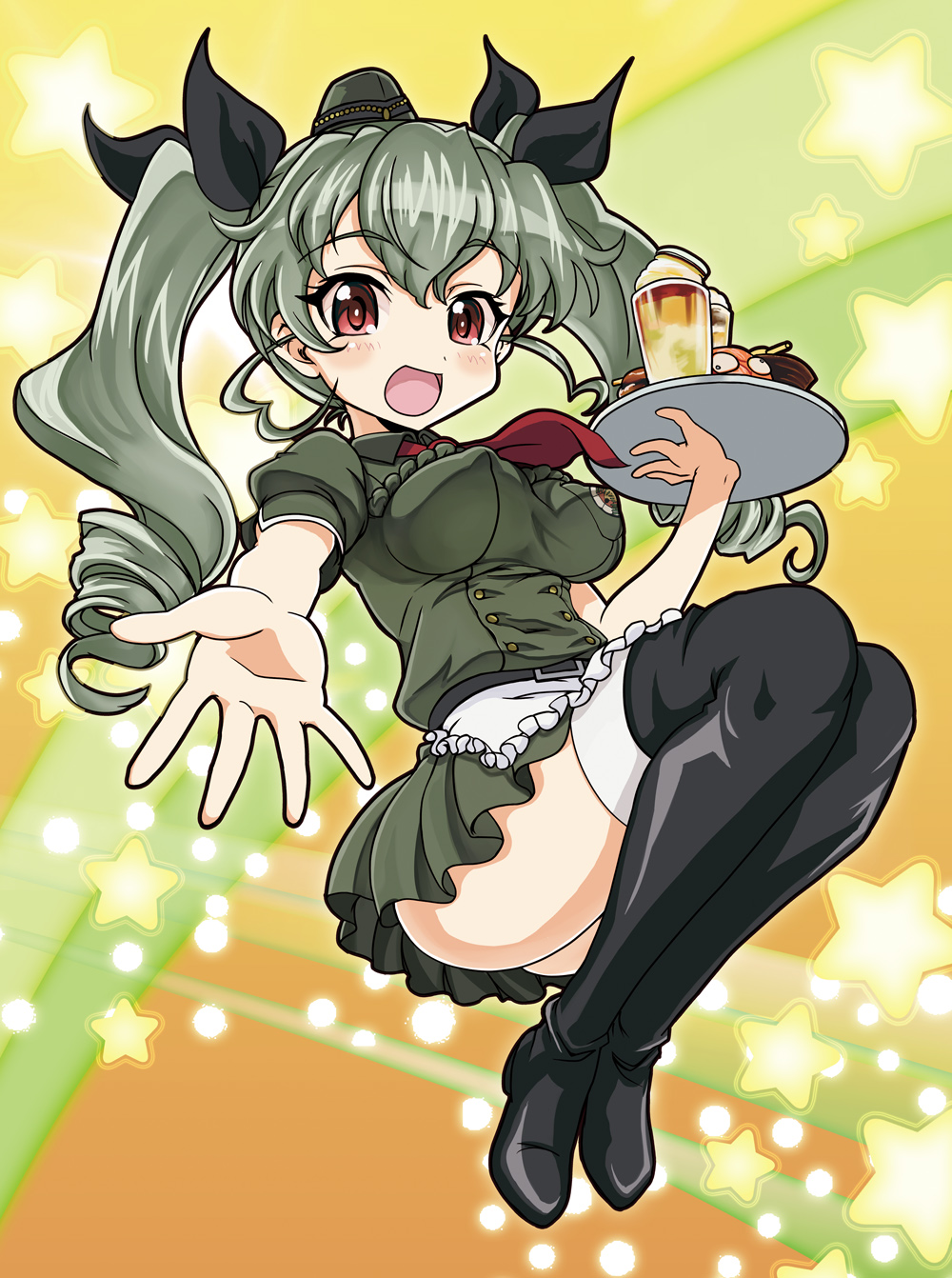 anchovy apron bangs belt black_footwear black_ribbon boots breasts dress drill_hair full_body garrison_cap girls_und_panzer glass green_dress green_hair hair_ribbon hamoto hat highres impossible_clothes impossible_dress long_hair looking_at_viewer medium_breasts military military_uniform mini_hat necktie open_mouth pleated_dress puffy_short_sleeves puffy_sleeves reaching_out red_eyes red_neckwear ribbon short_sleeves smile solo star starry_background thigh_boots thighhighs tray twin_drills twintails uniform waist_apron waitress yellow_background