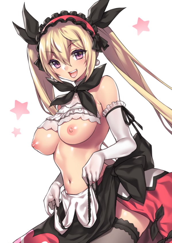 :d black_legwear blonde_hair breasts earrings elbow_gloves fuya_(tempupupu) gloves hair_ribbon hairband jewelry large_breasts long_hair looking_at_viewer mistral_nereis navel nipples no_bra open_mouth purple_eyes ribbon shining_(series) shining_hearts simple_background smile solo thighhighs twintails white_background white_gloves