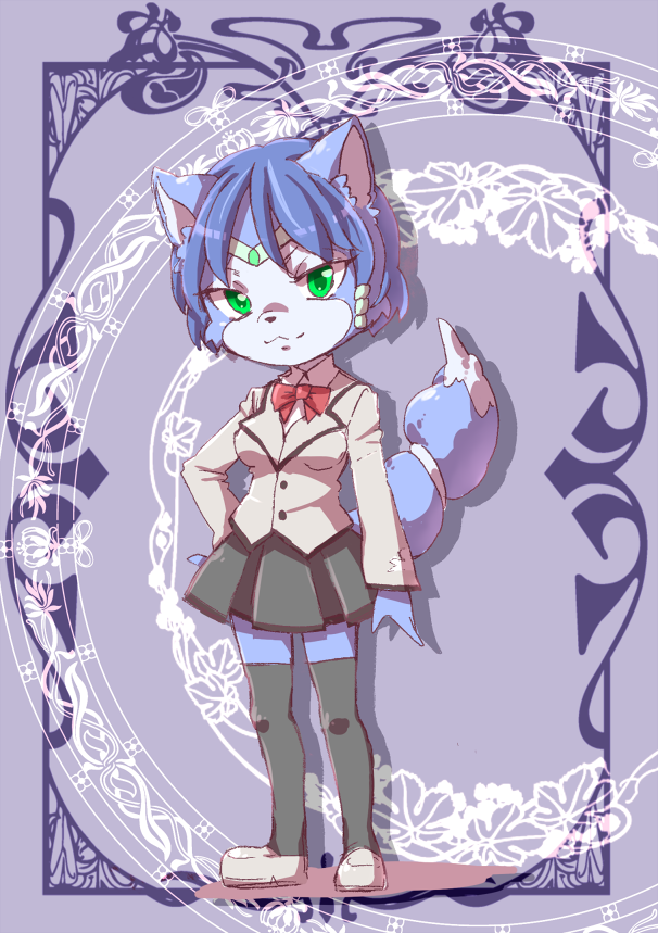 anthro black_nose blue_fur blue_hair bow canine clothing dress female footwear fox fur green_eyes hair hair_ornament jewelry krystal legwear mammal nintendo short_hair smile solo star_fox suit tailband video_games white_fur きゃらられな