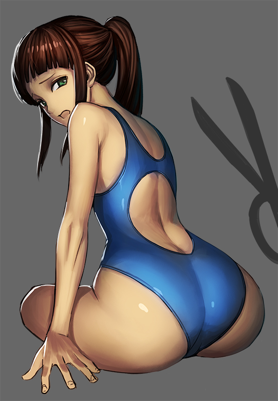 ass bangs blue_swimsuit blunt_bangs competition_swimsuit from_behind green_eyes grey_background k2shh long_hair looking_at_viewer looking_back miyamoto_ruri nisekoi one-piece_swimsuit ponytail scissors solo swimsuit