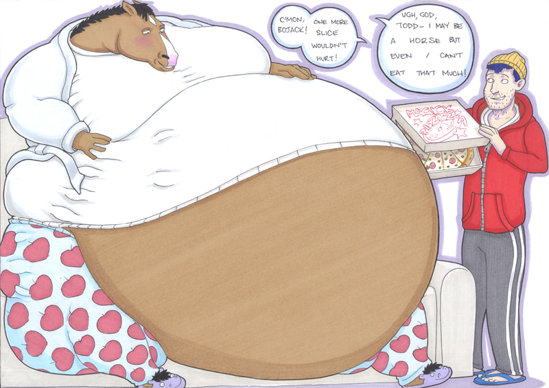2016 anthro belly bloat blue_hair blush bojack_horseman bojack_horseman_(character) clothing equine food friends hair horse human male mammal mane moobs overweight overweight_male pizza prisonsuit-rabbitman slippers sofa todd_chavez traditional_media_(artwork) weight_gain