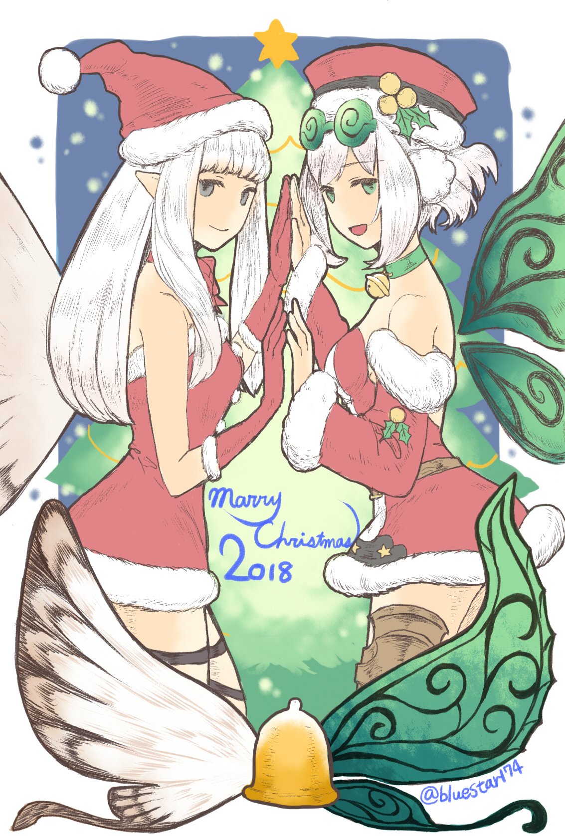 2018 2girls aerie_(bravely_default) artist_name bare_shoulders belt bluestar bravely_default:_fairy's_effect bravely_default:_flying_fairy bravely_default_(series) breasts brown_legwear christmas commentary_request dress eyewear_on_head fairy fairy_wings from_side fur_trim glasses gloves green_eyes grey_eyes hands_together hat highres long_hair looking_at_viewer merry_christmas multiple_girls open_mouth pointy_ears red_dress red_gloves rinne_(bravely_default) santa_dress santa_hat short_dress short_hair sketch small_breasts smile strapless strapless_dress thigh_strap thighhighs white_hair wings