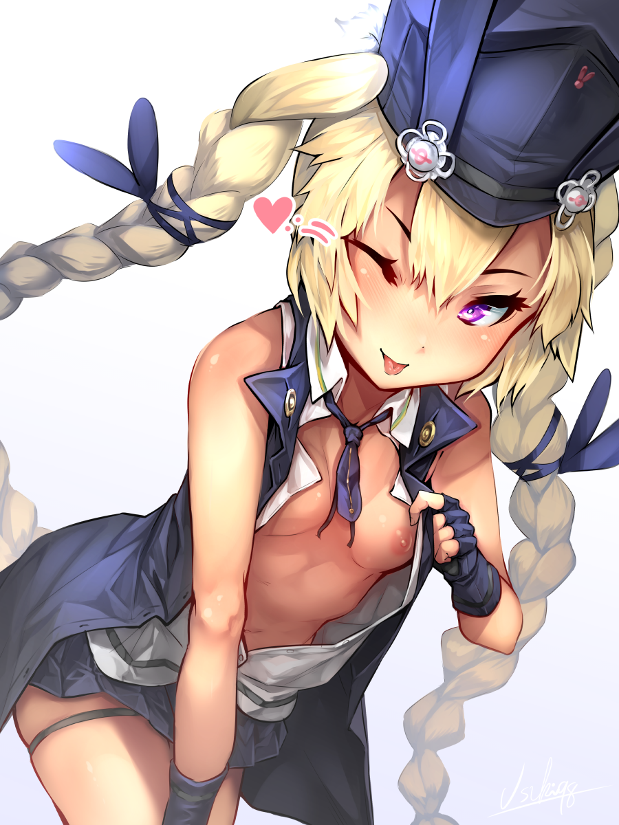 1girl ;p bare_shoulders blonde_hair blue_background blue_gloves blue_hat blue_neckwear blue_skirt blue_vest blush breasts commentary_request fingerless_gloves girls_frontline gloves hair_between_eyes hat heart highres leaning_forward long_hair looking_at_viewer mini_necktie miniskirt navel nipples no_bra one_eye_closed open_clothes open_shirt open_vest pleated_skirt purple_eyes shirt skirt sleeveless sleeveless_shirt small_breasts smile solo sr-3mp_(girls_frontline) thigh_strap tongue tongue_out twintails usuki_(graygreed) v-shaped_eyebrows very_long_hair vest white_shirt