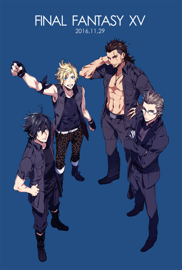 4boys abs animal_print bad_id bad_pixiv_id belt black_hair blonde_hair blue_background blue_eyes boots brown_eyes brown_hair commentary copyright_name dated final_fantasy final_fantasy_xv fingerless_gloves full_body gladiolus_amicitia glasses gloves green_eyes ignis_scientia leopard_print multiple_boys nakagawa_waka noctis_lucis_caelum open_mouth pants prompto_argentum scar scar_across_eye shirt spiked_hair t-shirt