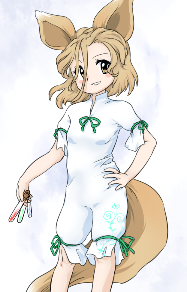 1girl animal_ears aqua_ribbon between_fingers blonde_hair blush_stickers breasts feet_out_of_frame fox_ears fox_girl fox_tail hair_between_eyes hand_on_own_hip holding kudamaki_tsukasa legs_apart medium_hair nonamejd official_style ribbon romper short_sleeves sleeve_ribbon small_breasts smile solo standing tail touhou vial white_romper yellow_eyes yellow_tail zun_(style)