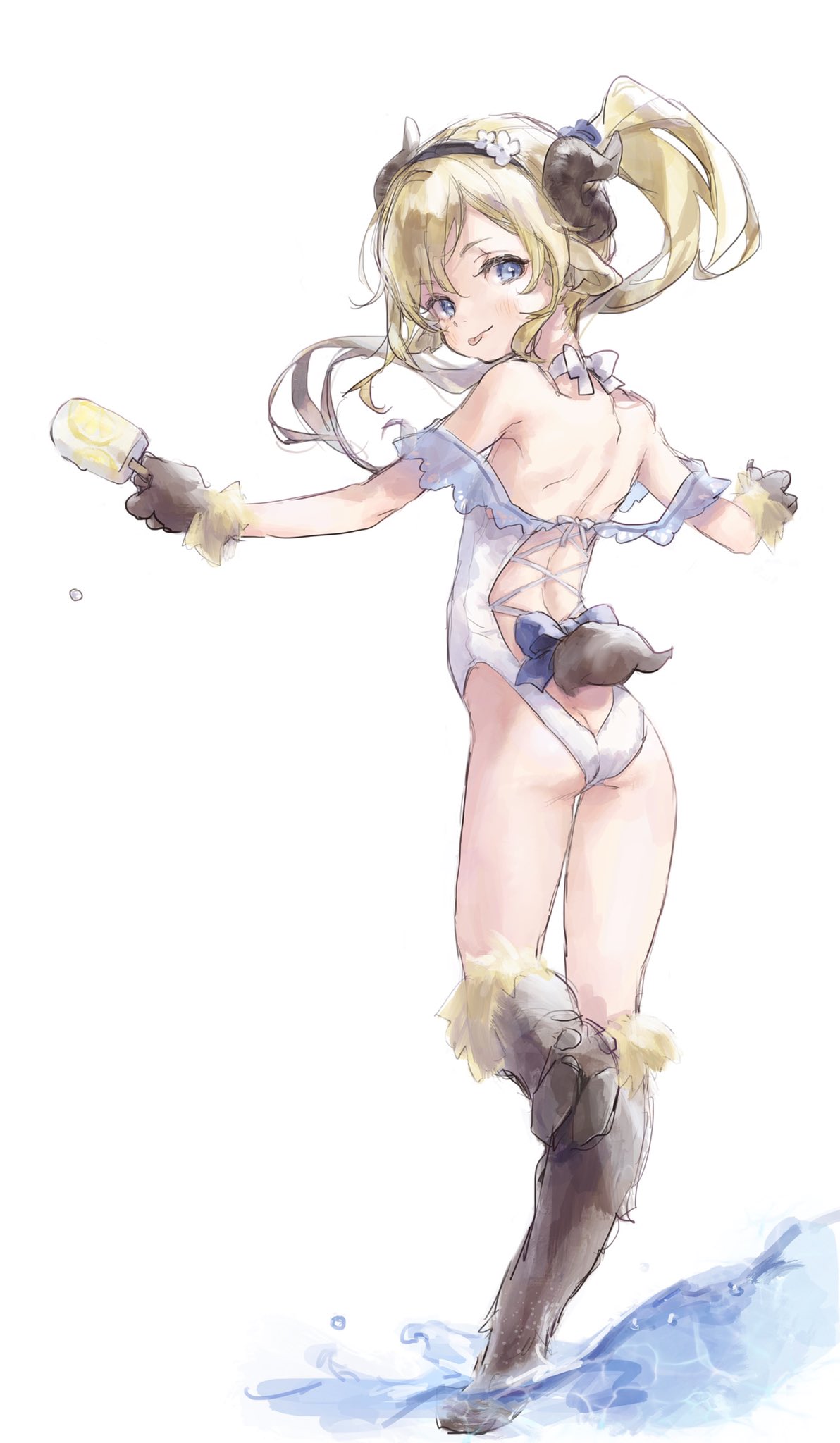 1girl :p animal_ears animal_feet ass back backless_leotard blonde_hair blue_bow blue_eyes bow butt_crack commission digitigrade flat_chest food goat_ears goat_horns hairband highres holding holding_food holding_popsicle hooves horns leotard looking_back monster_girl nenena original popsicle satyr simple_background skeb_commission solo tail tail_bow tail_ornament tongue tongue_out twintails water white_background