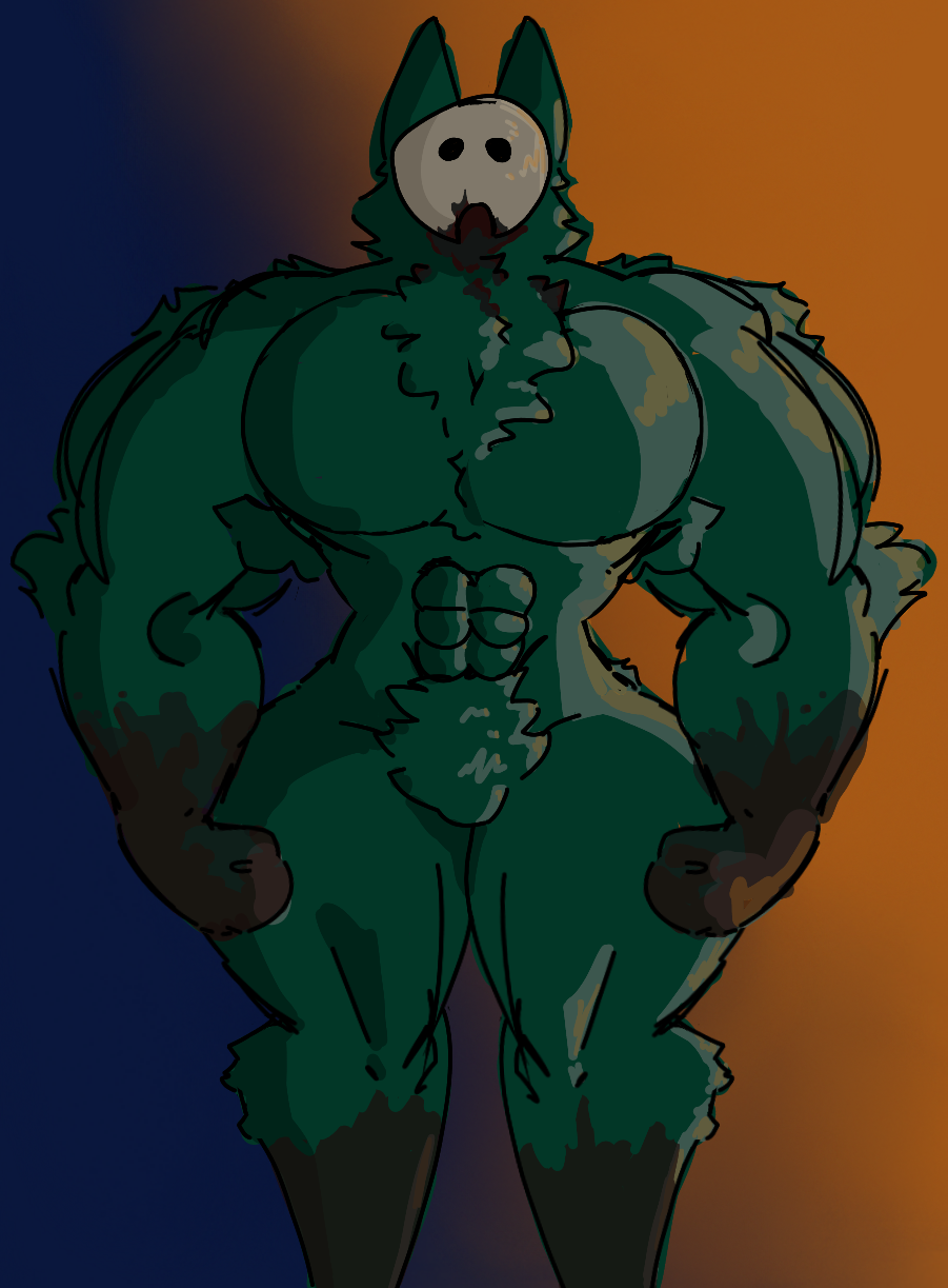 2d abs anthro big_calves blood bodily_fluids colored dried_blood ears_up fluffy fluffybeeboy fur green_body green_fur hi_res looking_at_viewer male mask muscular muscular_anthro muscular_male muscular_thighs pecs solo standing unknown_species zephyr_(fluffybeeboy)