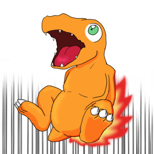 agumon ambiguous_gender bandai_namco burning butt_on_fire claws digimon digimon_(species) feet fire hand_on_butt hasbro open_mouth pain simple_background solo soukouryu toe_claws